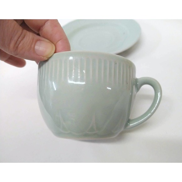 Pottery Barn REPLACEMENT Cup and Saucer Green Scalloped Pattern Ribbed Edge - Picture 3 of 8